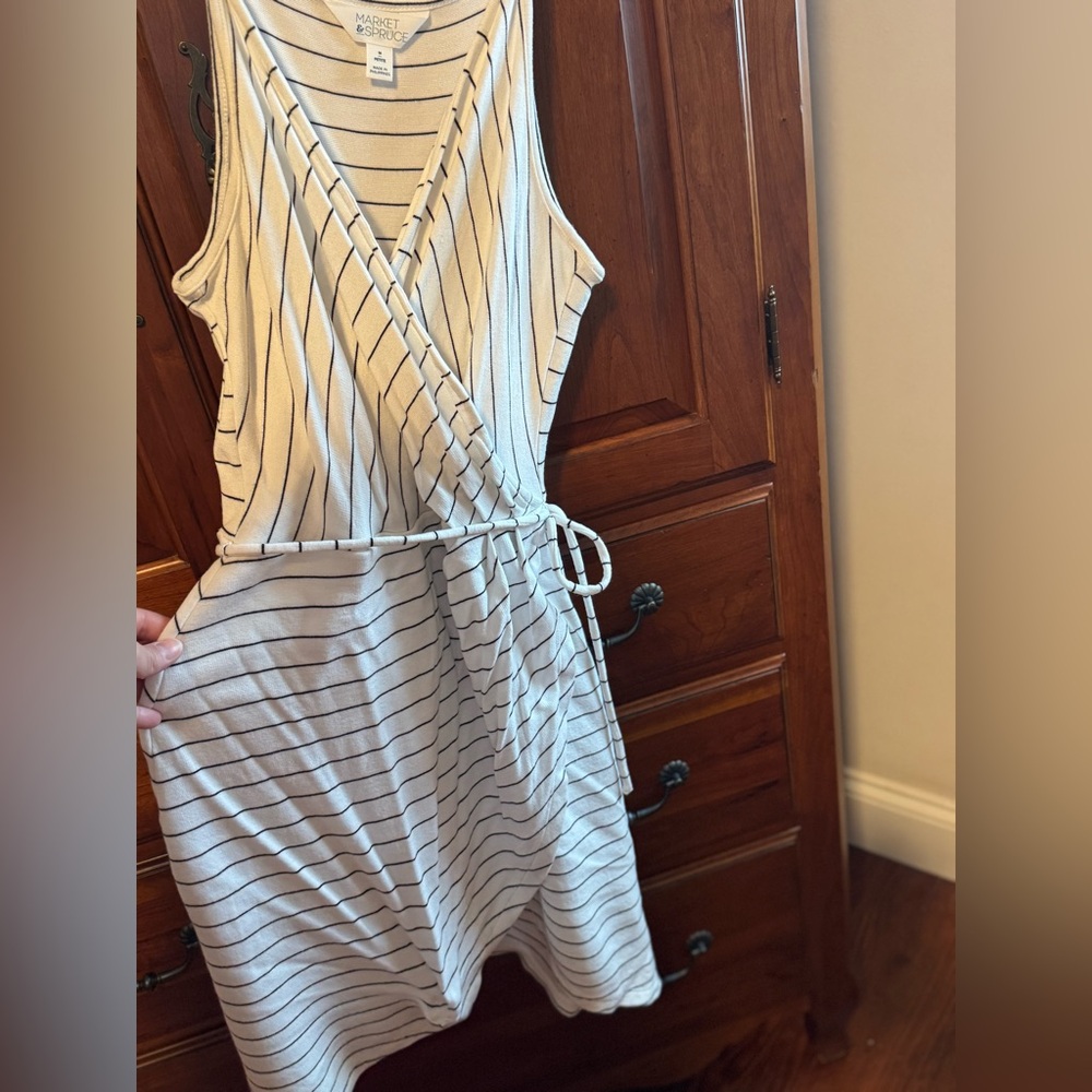 Monochrome Pinstripe V-Neck Mini Dress